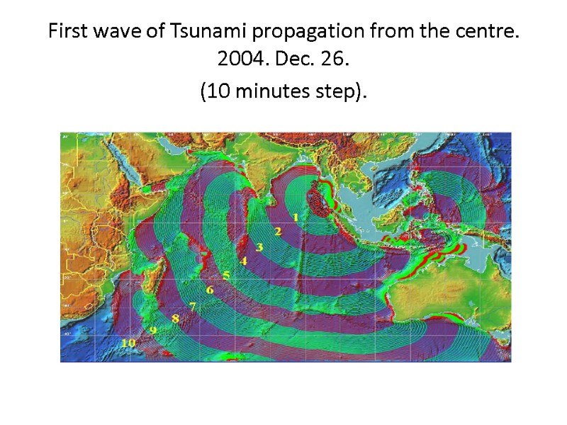 First wave of Tsunami propagation from the centre. 2004. Dec. 26. (10 minutes step).